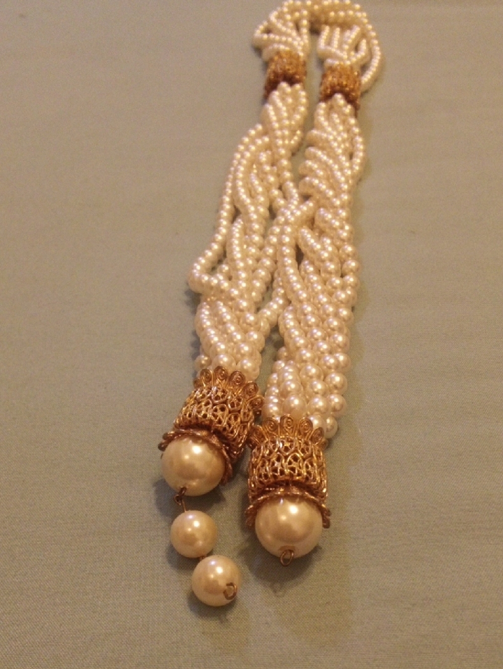 Classic Cream Pearl Braided Necklace with Gold Accents